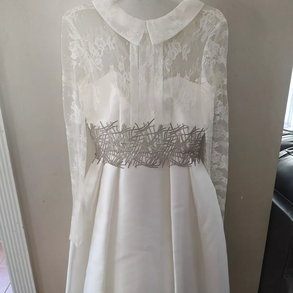 Elegant White Lace Dress with Silver Accents